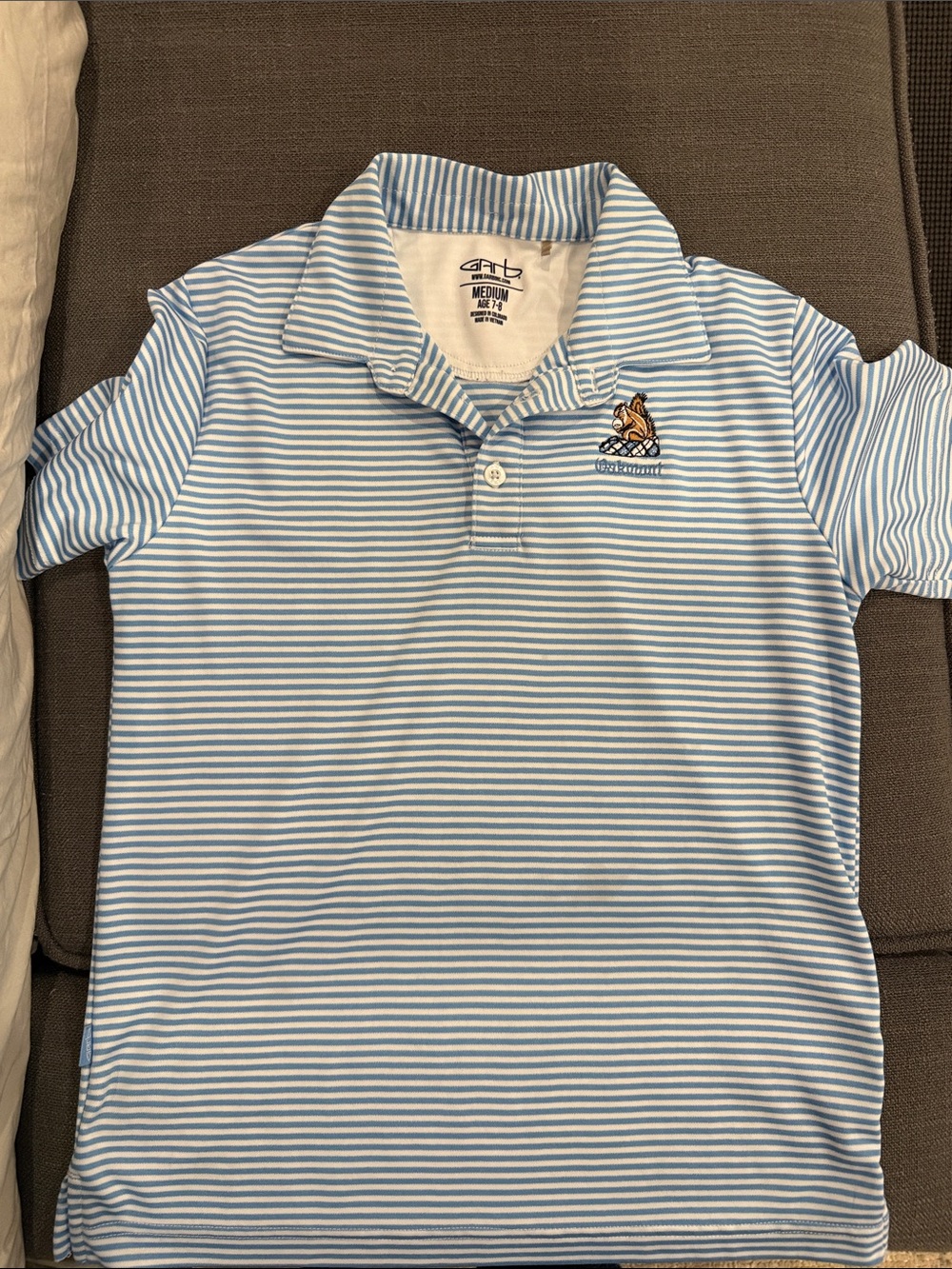 Kids Light Blue Striped Golf Polo Shirt - Oakmount Logo